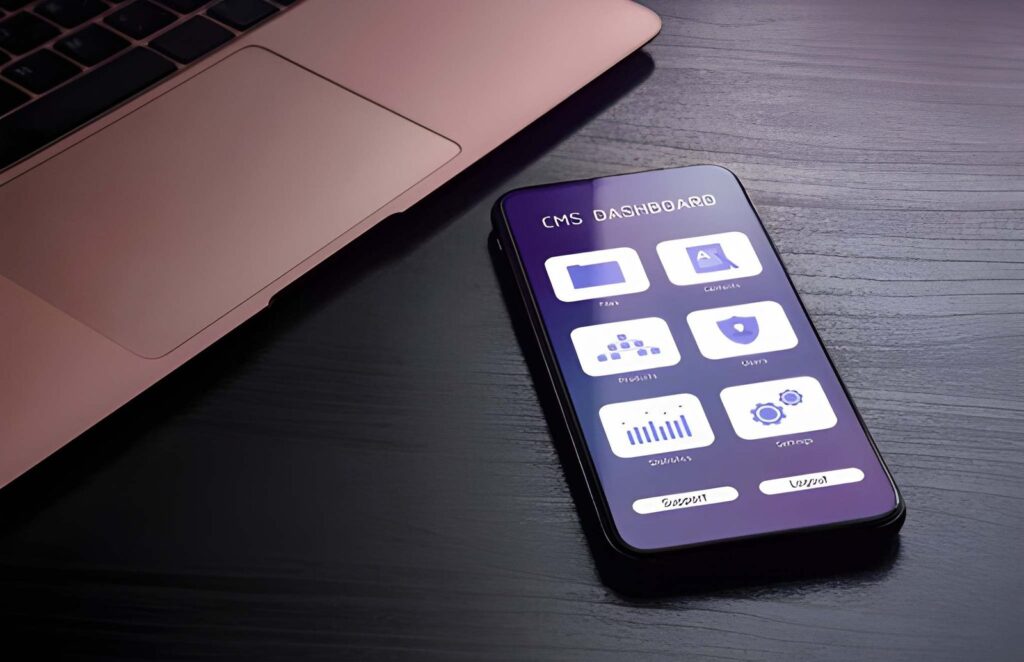 Smartphone displaying CMS dashboard with content management icons next to a laptop