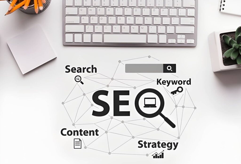 A desk setup viewed from above shows an illustration of an interconnected digital network labeled with SEO concepts including 'Content,' 'Search,' and 'Keyword,' reinforcing advanced SEO strategies for digital marketing agencies.