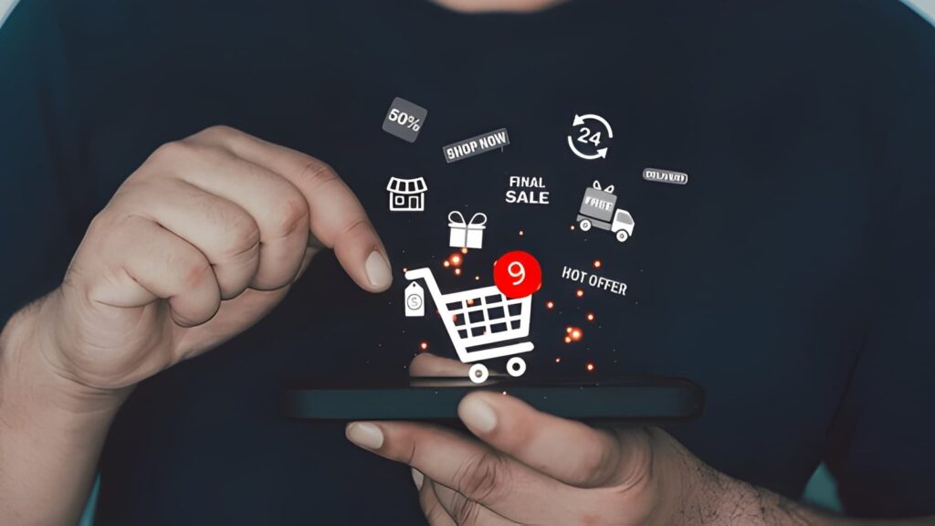 Person shopping online on smartphone with eCommerce icons showing cart, discounts, and delivery representing Shopify conversion optimization