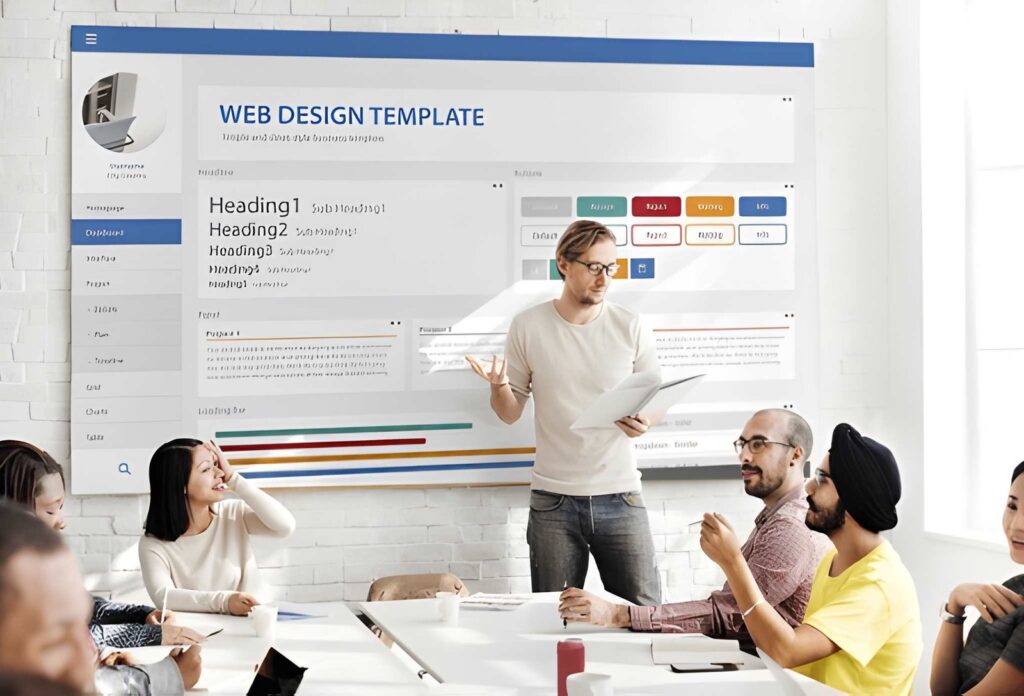 Team presenting web design template layout during a business meeting discussing website development