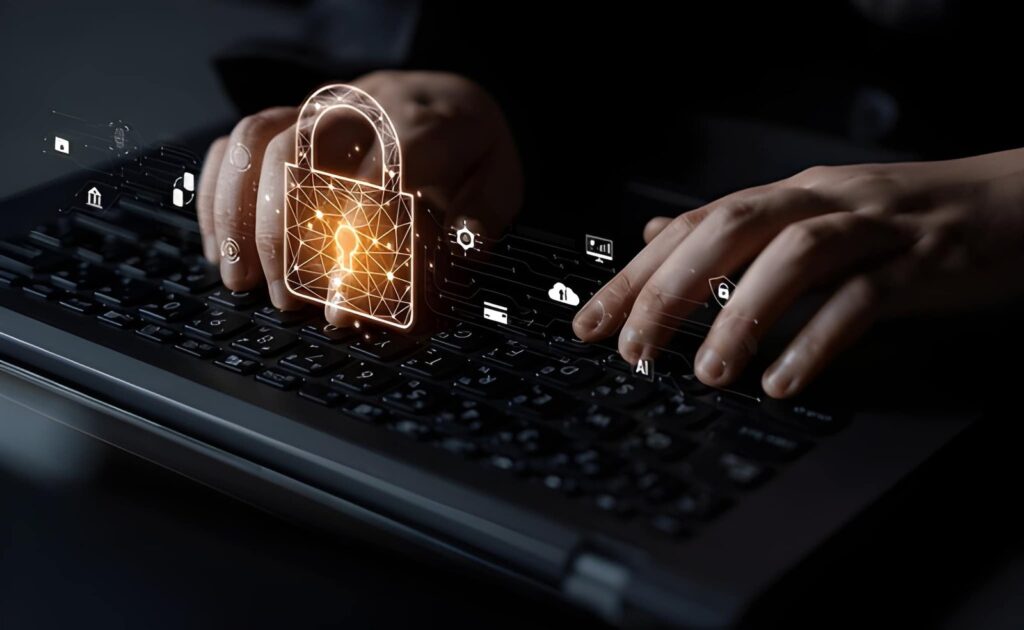 Hands typing on laptop keyboard with digital padlock and cybersecurity icons representing website security