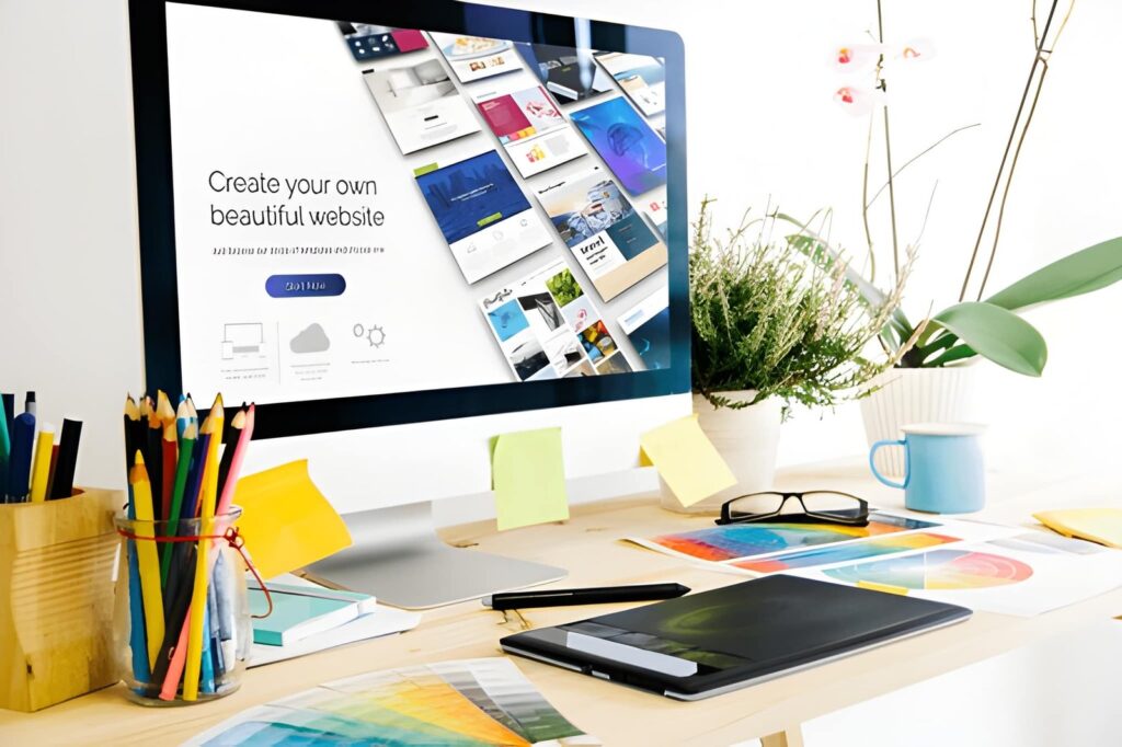 Desktop computer displaying website design templates on a creative designer's workspace