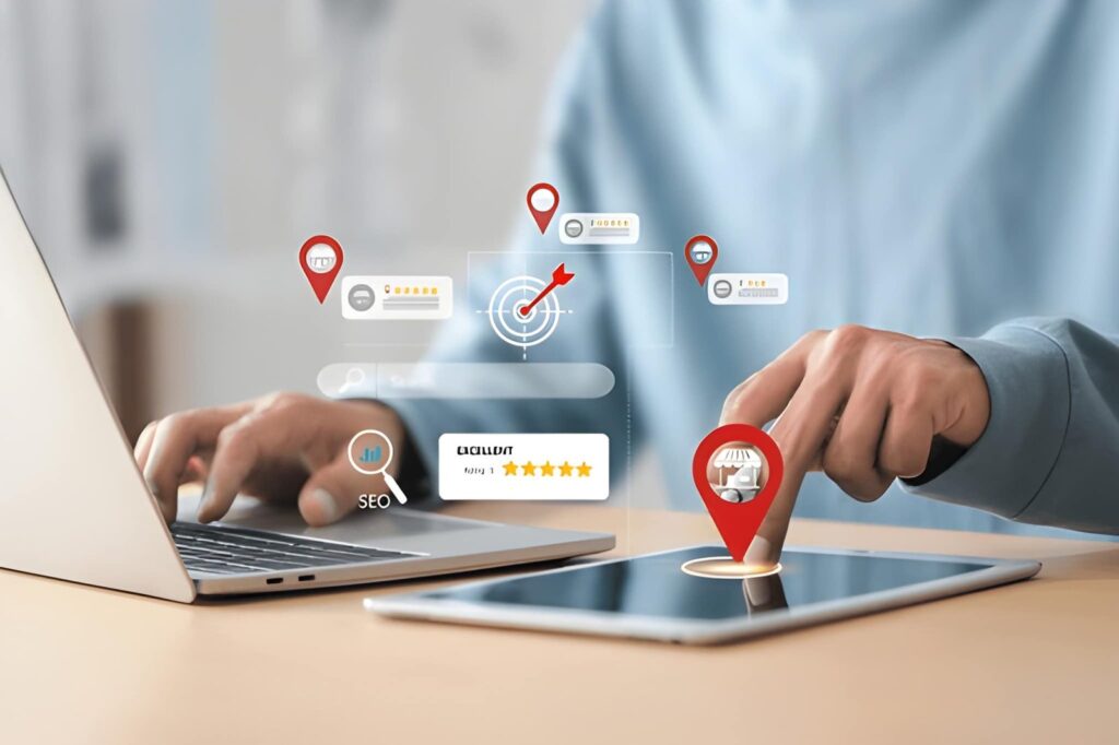 Person using laptop and tablet with local SEO location pins, star ratings, and target icon representing local search optimization