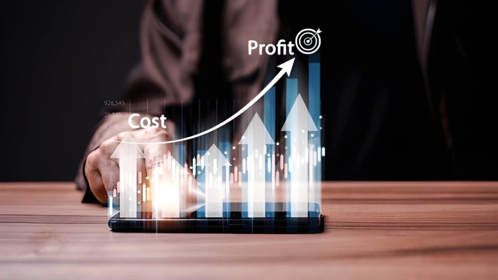 Business hand touching smartphone with cost to profit growth chart representing eCommerce sales optimization