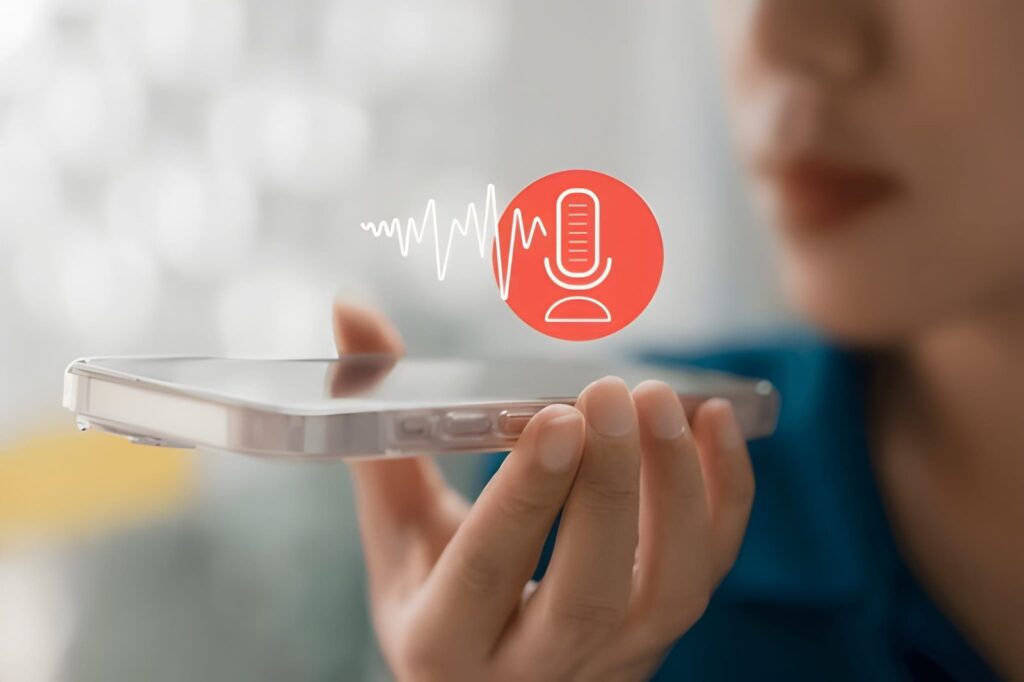 Person using voice search on smartphone with microphone and sound wave icon representing voice assistant technology