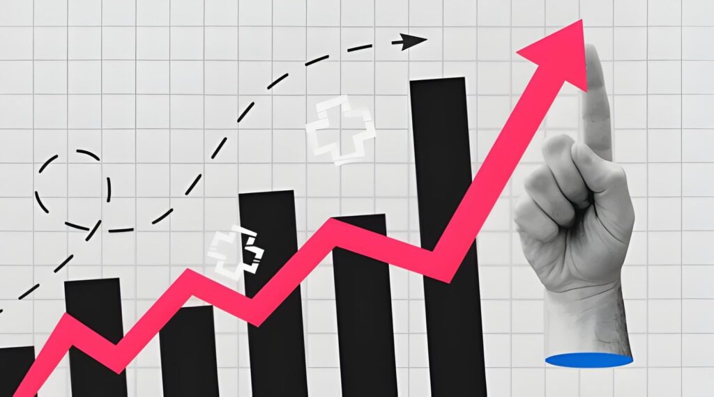 Hand pointing upward with rising growth chart and arrow representing SEO business growth and traffic increase